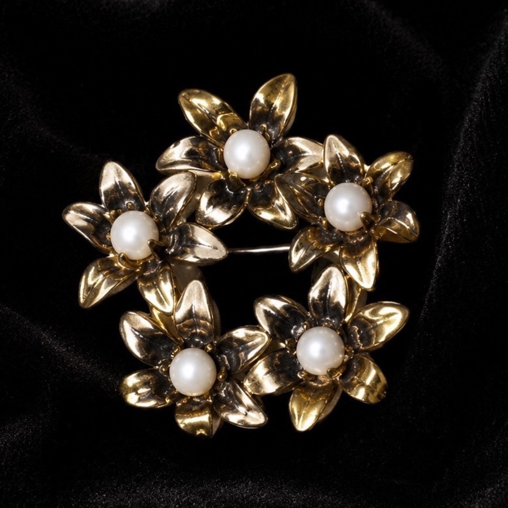 Vintage Floral Enamel Brooch White Gold Tone Flower Cluster Mid Century Pin